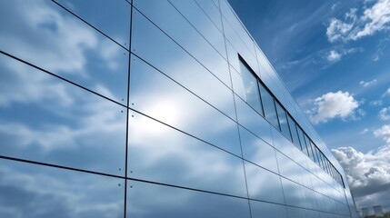 Obraz premium Modern building facade reflecting blue sky and clouds