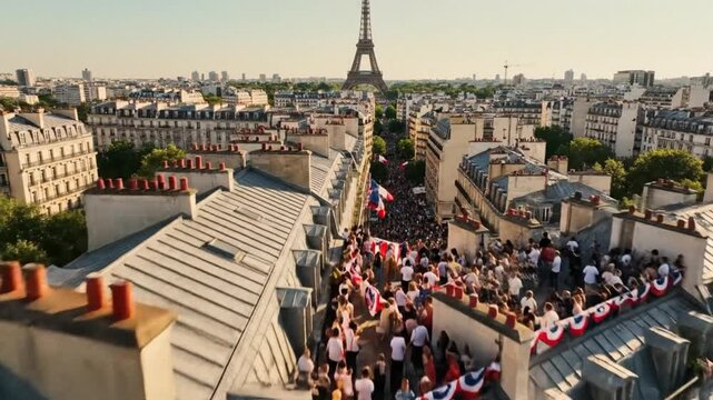 Paris Cityscape Celebration with French Flags and Eiffel Tower
