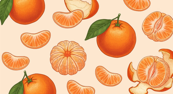 Vector illustration of fresh tangerine fruits featuring whole mandarins with green leaves, peeled citrus segments, and individual orange slices arranged on a light beige background.