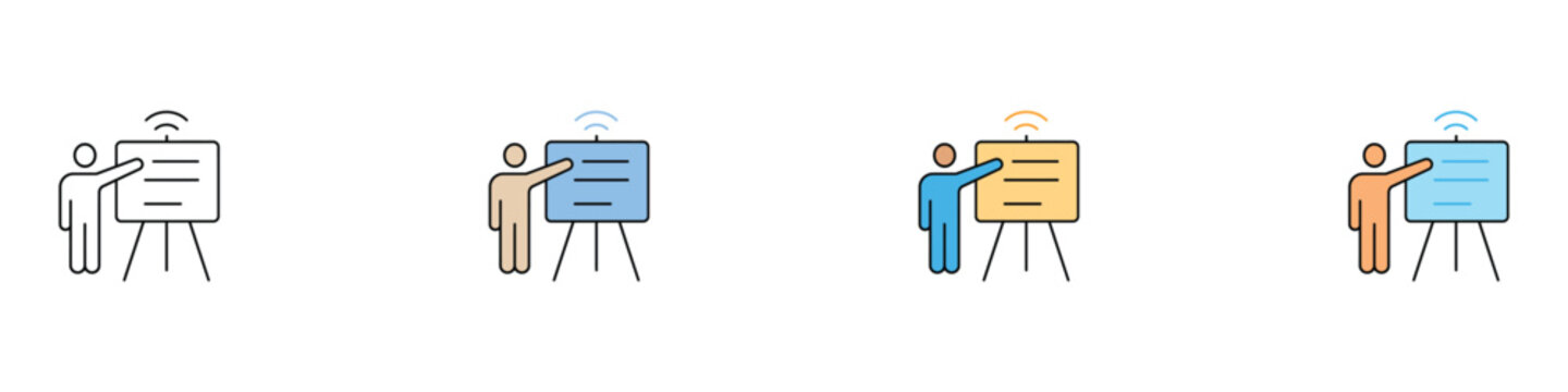 Business presentation and online training icon set. Vector illustration of a person pointing to a whiteboard with wireless signal, representing seminars, virtual coaching, and academic teaching.