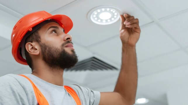 Electrician installing led light on ceiling panel