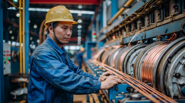 Factory worker operating machinery producing electrical copper wires