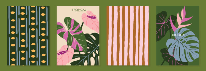 Obraz premium Tropical pattern vector set with monstera leaves, floral background, geometric tile and striped plaid design. Colorful summer collection for poster, wallpaper, fabric, packaging and digital paper. 