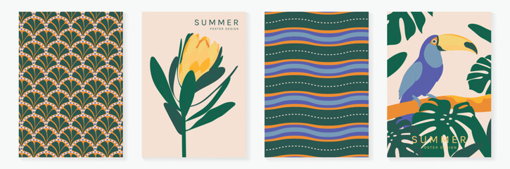 Obraz premium Summer tropical poster vector set. Colorful jungle leaf background with toucan bird, floral tile pattern and retro vacation design for beach party and travel.