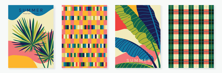 Obraz premium Tropical pattern vector set with monstera leaves, floral background, geometric tile and striped plaid design. Colorful summer collection for poster, wallpaper, fabric, packaging and digital paper. 