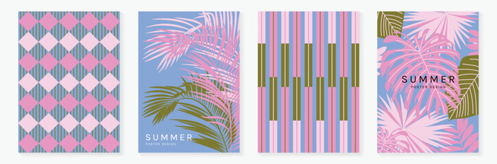 Obraz premium Tropical pattern vector set with monstera leaves, floral background, geometric tile and striped plaid design. Colorful summer collection for poster, wallpaper, fabric, packaging and digital paper. 