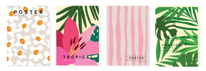 Obraz premium Tropical pattern vector set with monstera leaves, floral background, geometric tile and striped plaid design. Colorful summer collection for poster, wallpaper, fabric, packaging and digital paper. 