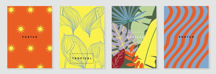 Obraz premium Tropical pattern vector set with monstera leaves, floral background, geometric tile and striped plaid design. Colorful summer collection for poster, wallpaper, fabric, packaging and digital paper. 