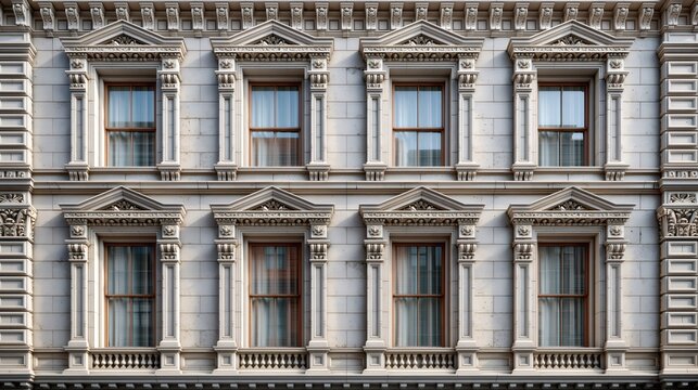 Neoclassical building facade with symmetrical ornate windows