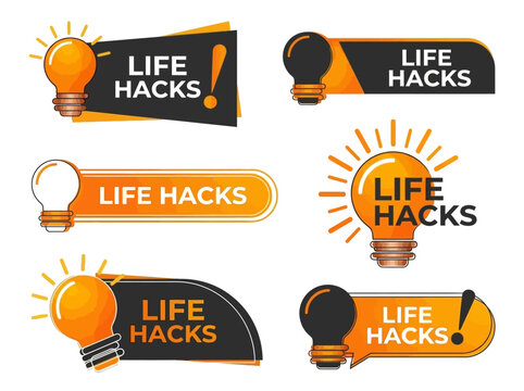Life Hacks Labels with Light Bulb and Exclamation Symbols for Tips and Ideas