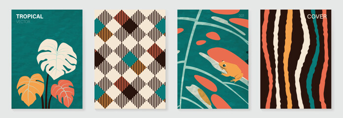Obraz premium Tropical poster vector set. Retro jungle background with monstera leaves, frog illustration, diamond pattern and hand drawn stripe cover design.