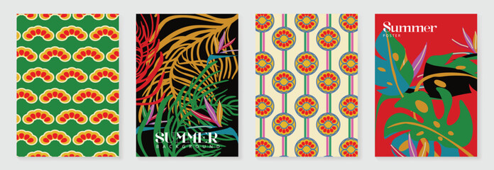 Obraz premium Tropical pattern vector set with monstera leaves, floral background, geometric tile and striped plaid design. Colorful summer collection for poster, wallpaper, fabric, packaging and digital paper. 