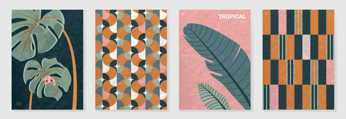 Obraz premium Tropical pattern vector set with monstera leaves, floral background, geometric tile and striped plaid design. Colorful summer collection for poster, wallpaper, fabric, packaging and digital paper. 