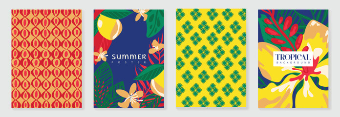 Obraz premium Tropical pattern vector set with monstera leaves, floral background, geometric tile and striped plaid design. Colorful summer collection for poster, wallpaper, fabric, packaging and digital paper. 