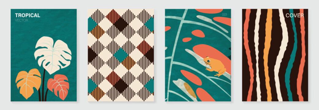 Tropical poster vector set. Retro jungle background with monstera leaves, frog illustration, diamond pattern and hand drawn stripe cover design.