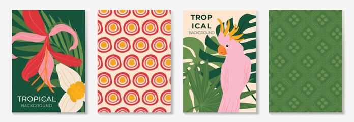 Obraz premium Tropical background poster vector set. Colorful jungle flower and pink cockatoo bird design with monstera leaves, retro circle pattern and green botanical texture.