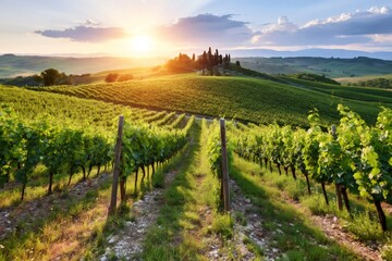 Fototapeta premium Tuscany vineyard landscape at sunset with rolling hills