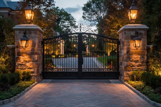 Wrought iron gate luxury estate entrance with lanterns