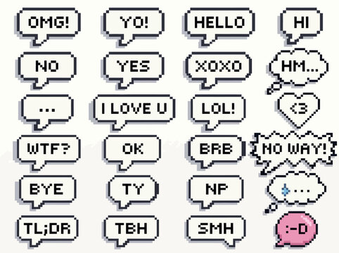 Pixel Speech Bubbles with Text Message Slang and Chat Emoticons