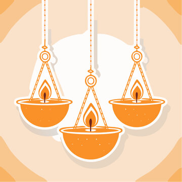 Three hanging oil lamps with flames