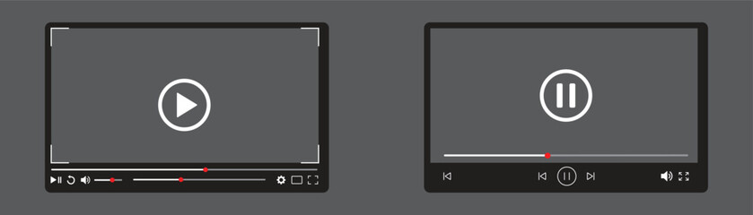 Video player interface design with play and pause buttons for streaming media playback featuring progress bar time indicators volume controls and full screen options on dark grey background. © anamull2004