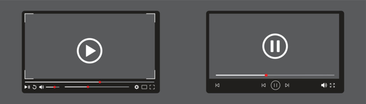 Video player interface design with play and pause buttons for streaming media playback featuring progress bar time indicators volume controls and full screen options on dark grey background.