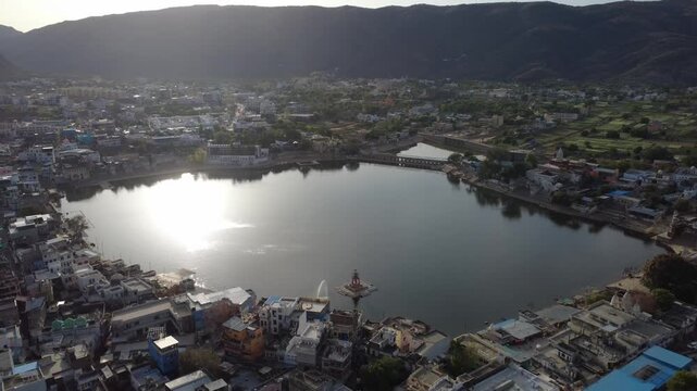 4K - Beautiful morning Droneshot of Pushkar town and lake in Rajasthan which has the only one Brahman Temple in India