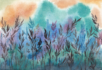 silhouette of wheat in field , watercolor illustration hand drawn © dark_blade