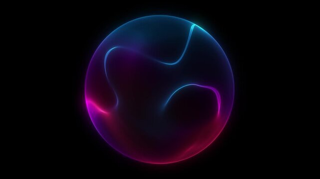 Neon gradient sphere orb with flowing inner wave motion. Blue pink luminous energy form in dark space. Abstract fluid signal structure. Smooth seamless loop futuristic backdrop