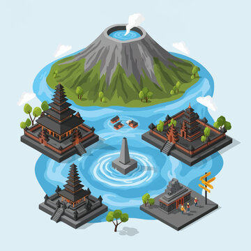 Isometric vector illustration of Indonesian landmarks featuring a volcano with a crater lake, traditional Balinese Hindu temples with tiered roofs, a central monument, and boats.