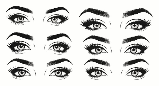 Set of vector illustrations depicting six pairs of female eyes with various thick eyelash styles and groomed arched eyebrows, black and white line art on a white background.