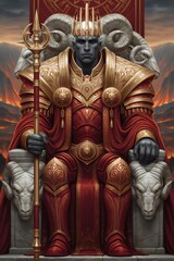 Obraz premium Dark king sitting on throne in volcanic landscape