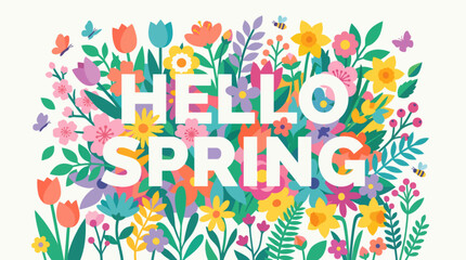 Hello Spring typography banner with colorful flat floral bouquet butterflies and bees © Mimo95