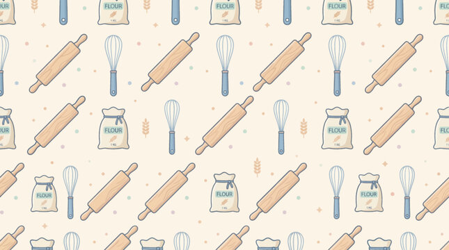 Seamless vector pattern with baking tools rolling pin whisk and flour sack on cream background