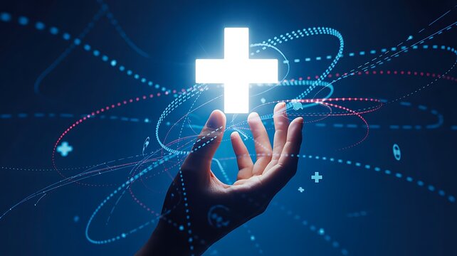 Glowing christian cross above hand with digital light and spiritual faith concept