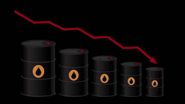 Declining oil prices with falling barrels and downward arrow animated video on transparent background showing market downturn, price drop, reduced demand, and economic decline concept