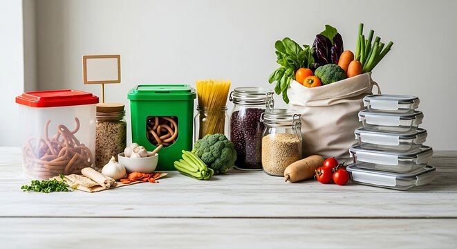 Healthy pantry staples and fresh groceries organized in reusable kitchen containers