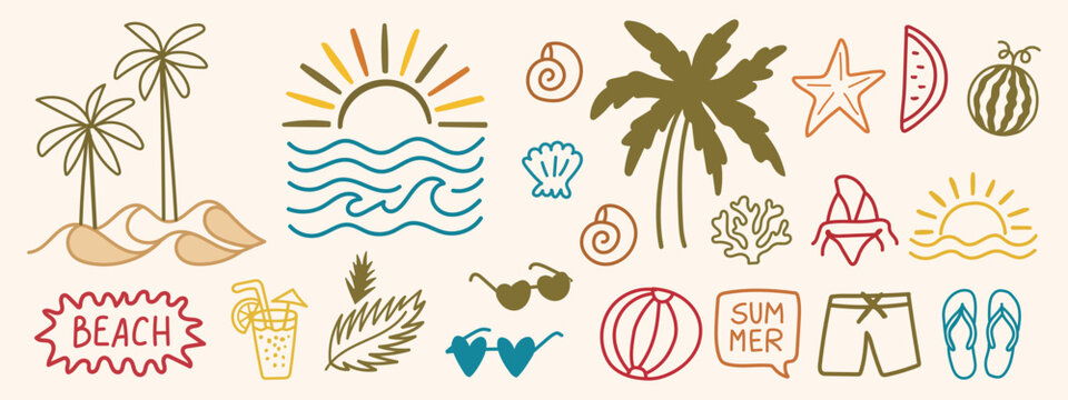 Set of doodle beach elements. Hand drawn palm trees, sea waves, seashells, surfboard, and sun. Summer icons for designs, t-shirts, posters, and coastal branding. Vector illustration