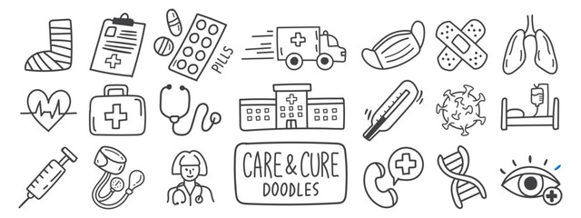  a good collection of medical health care doodle hand drawn icon set. Outline drawing medical health care items line clipart symbol collection. Outline drawing line clipart symbol collection © Daishin