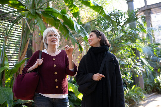 Group of friends laughing and chatting while strolling through a beautiful, sunlit garden on a warm day.
