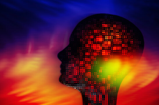 Artificial intelligence humanoid head with glowing neural network