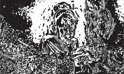 Fototapeta premium Vintage hand drawn sketch of an ancient man and a black wolf face in a vector art illustration