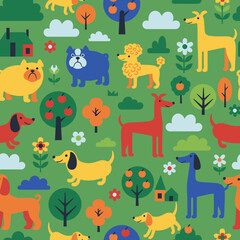 Naklejka premium Colorful Cartoon Dogs and Trees Seamless Vector Pattern