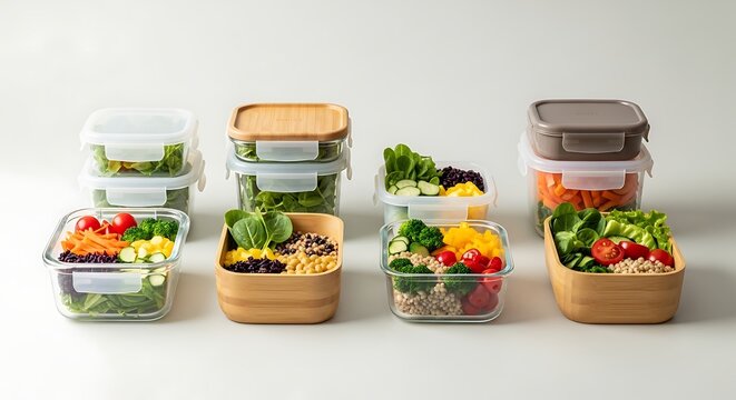 Healthy meal prep containers filled with fresh ingredients for balanced nutrition