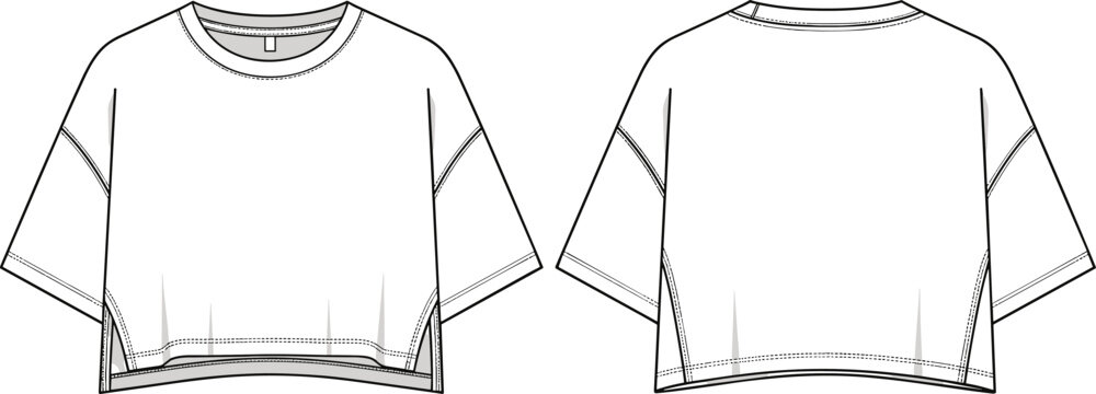 Cropped t shirt technical flat sketch front and back view short sleeve boxy fit casual apparel design illustration