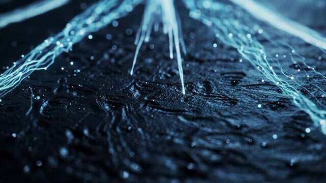 Macro video of a dark, textured surface dissolving into a pristine, smooth canvas with luminous lines and generative digital patterns, symbolizing high-tech clarity and progress.