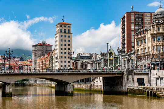 Cityscape of Bilbao with the Nervion River and bridge in Spain