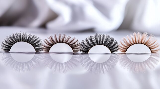 Lash texture quality professional eyelash extension samples various colors textures curl patterns white reflective surface lash strips fiber characteristics macro