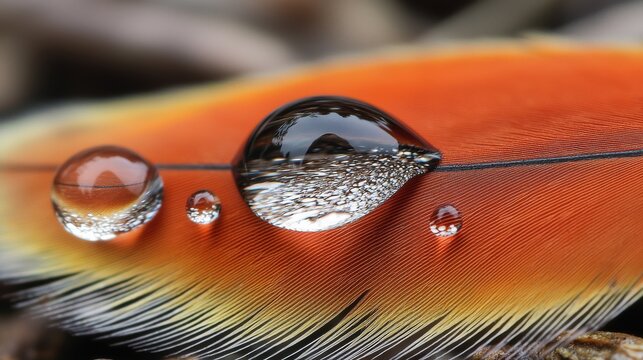 Droplets feather hydrophobic surface water beading orange feather macro photography spherical droplets surface tension magnifying lens effect microscopic barbules