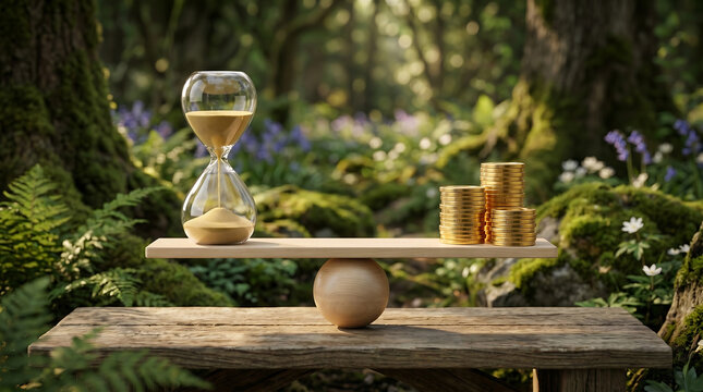balancing time and money concept with hourglass and stacks of gold coins on wooden scale in nature forest setting representing financial planning and wealth management